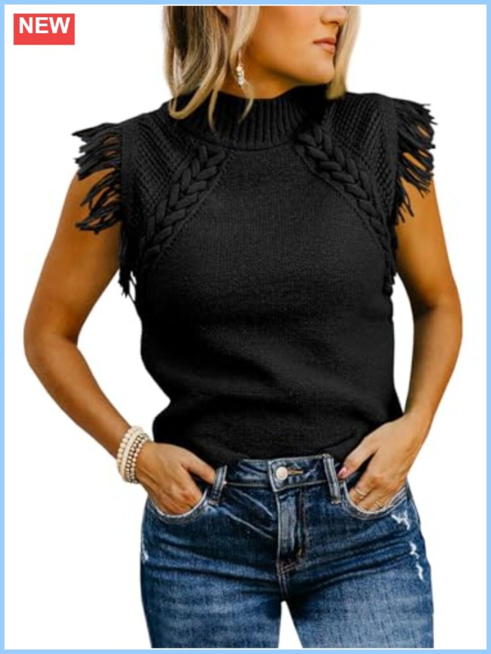 Women's Sleeveless Knit Sweater Vest Mock Neck Cable Fringe Boho Trendy Vest Top